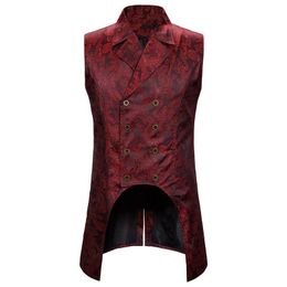 Vests Burgundy Paisley Jacquard Long Vest Men's Double Breasted Lapel Brocade Vest Vest Men's Gothic Steampunk Sleeveless Tuxedo