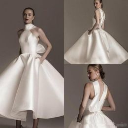 Vintage Ankle-length Wedding Dresses with Big Bow 2019 High Neck Matte Stain Puffy Skirt Princess Garden Church Short Wedding Gown300W