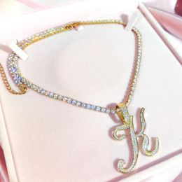 Chains Iced Out Zircon Tennis Chain Micro Paved Cursive Letter Necklace For Women Men Bling 26 Initial Birthday Jewellery
