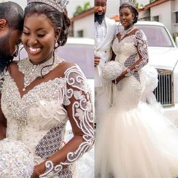 Arabic Aso Ebi Luxurious Mermaid Wedding Dresses Plus Size Sparkly Crystal Beaded Lace Long Sleeve African Niergian Bridal Gowns286W