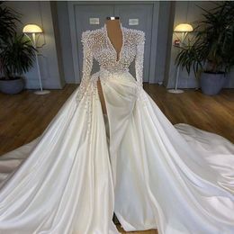 Vintage 2022 Plus Size Pearls Mermaid Wedding Dresses Bridal Gowns With Detachable Train V Neck Long Sleeve High Side Split Robe d225z