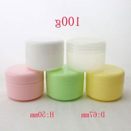 Coloured empty round plastic tin containers 100ml, 100g cosmetic makeup packaging PP bottles jar with caps white/pink/yellow Mgpfm