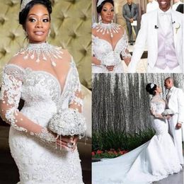 Plus Size African Mermaid Wedding Dresses African Arabic High Neck Long Sleeve Lace Beadings Court Train Luxury Bridal Gowns2395