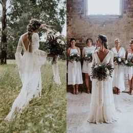 Modest Long Sleeves Bohemia Wedding Dresses Backless V Neck A Line Court Train Lace Bridal Gowns for Boho Country Garden Weddings 2485