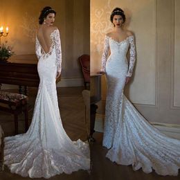 2019 Berta Full Lace Backless Wedding Dresses Mermaid Off The Shoulder Long Sleeves Wedding Gowns Chapel Train Beaded Trumpet Brid197o