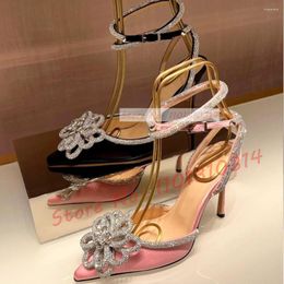 Sandals Crystal Flower High Heels Women Luxury Ankle Strap Clear Pvc Satin Shoes Summer Bukcle Pointy Bling Girly