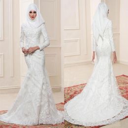 2017 White Muslim Wedding Dresses High Neckline Long Sleeves Bridal Gowns With Beaded Applique Mermaid Style Custom Made Wedding G272w