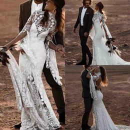 Bohemian 2020 Beach Wedding Dresses High Neck Bell Long Sleeve Lace Open Backless Boho Bridal Gowns Wedding Dress248b