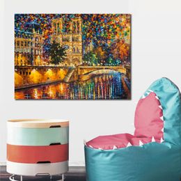 Modern Impression Canvas Art Paris - Notre Dame Cathedral Contemporary Oil Painting Street Handmade Restaurant Decor