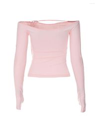 T-shirt da donna T-shirt a maniche lunghe con spalle scoperte Balletcore Basic Tee Y2k Fairy Vintage Crop Top Casual Slim Spring Pullover (D Rosa
