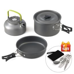 Camp Kitchen Portable Nonstick Aluminum Alloy Camping Cookware Outdoor Cooking Teapot Picnic Tableware Kettle Pot Frying Pan 3pcsset 230617