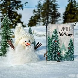 1pc, Winter Welcome Decorative Garden Flag Pine Trees, Snowy Forest Red Cardinal Birds House Yard Lawn Outdoor Burlap Flag,Snowflakes Home Decor Double Sided 12 X 18