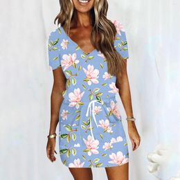 Casual Dresses Elegant Outfits Summer For Women 2023 Floral Printed Mini Dress Swing With Pockets Formal Occasion