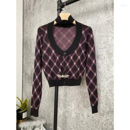 Women's Knits Vintage Sale!!! 10.29 Plaid Argyle Short Knitted Cardigan Women Halter Slim Fashion Diamonds Crystal Design Sweater