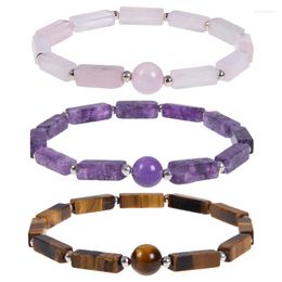Link Bracelets Natural Amethyst Stone Rectangle Braided Elastic Bracelet For Women Men Colourful Crystal Healing Yoga Jewellery