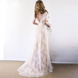 Boho Wedding Dress 2021 V Neck Short Sleeve Lace Beach Bridal Gown Backless Custom Made A-Line Bride Dresses227k