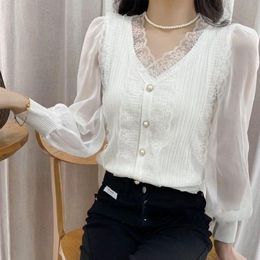 Sweaters Slim Fashion VNeck Lace Spliced Sweaters Women's Spring Autumn New Gauze Long Sleeve Button Knitted Cardigan Female Clothing