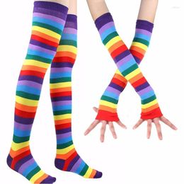 Women Socks Rainbow Striped Thigh High Long Arm Warmers Fingerless Gloves Set 649C