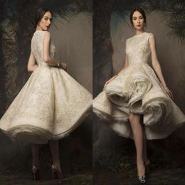 Krikor Jabotian High Low Tea Leagth Bride Dresses Jewel Neck Lace Vintage Sequins Short Party Wedding Dress Bridal Gowns234u