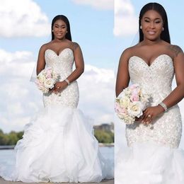 Sweetheart Plus Size Mermaid African Wedding Dresses Cascading Ruffles Beading Crystals Tulle Bridal Dress Wedding Gowns Vestidos 291c