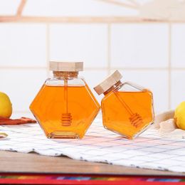 Storage Bottles 220ML/380ML Transparent Glass Hexagon Honey Jar Mini Small Sealed Bottle With Wooden Stick Spoon Kitchen Tools