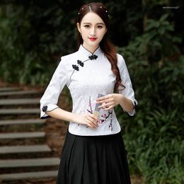 Ethnic Clothing Traditional Embroidery Shirt Chimese Women Qipao Blouse Vintage Mandarin Collar Cheongsam Clothes Elegant Ladies Party Hanfu