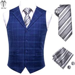 Vests HiTie Luxury Silk Mens Suit Vests Blue Plaids Waistcoat Men Vest Gold Blue Grey Necktie Hanky Cufflinks Set for Dress Suit Gift