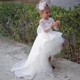 Girl Dresses Simple High Low Tulle Tiered Flower For Wedding With Bow Princess Lace Full Sleeves First Communion Kids Gowns