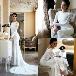 O Neck Lace Sheath Bohemia Wedding Dresses Long Sleeves Satin Applique Plus Size Modest Arabic Wedding Bridal Gowns BC2685292z