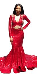 Sequined Black Girls Mermaid Prom Dress V Neck Long Sleeves Party Dresses Long Special Occasion Dresses