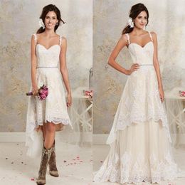 2019 Cheap Beach High Low Wedding Dresses with Detachable Train Spaghetti Straps Lace Appliqued Overskirt Bridal Gowns2551