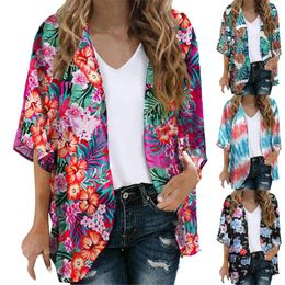 Women's Blouses Summer Boho Women's Floral Print Puff Sleeve Kimono Cardigan Loose Cover Up Casual Blouse 2023 Vintage Chiffon Blusas