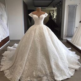 Luxury Arabic Wedding Dresses With Appliques Beads Off The Shoulder A Line Short Sleeve Bridal Gowns Sweep Train Vestido De Novia279i
