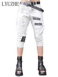 Jeans Lyuzhe Personalized 2023 Summer Jeans Women Strap Spliced Print Letter White Harlan Pants Women Streetwear Harem Pants Lzp021