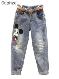 Jeans Ankle Length Jeans for Women 2022 Autumn New Denim Pants Cartoon Letter Print Fashion Washed Bleached Distressed Harem Pants