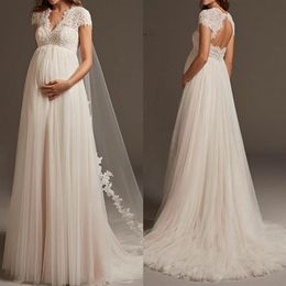 Vestido De Noiva Bohemian Tulle Lace Pregnant Wedding Dress Cap Sleeve Open Back Maternity Bridal Gowns For Robe De Mariee320t
