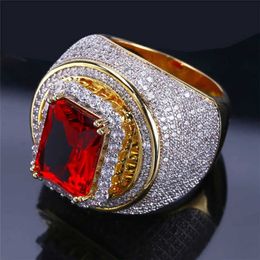 Hot Fashion Big Male Wide Red Zircon Stone Geometric Ring Luxury Yellow Gold Colour Iced Out Wedding Rings for Men Women Hip Hop