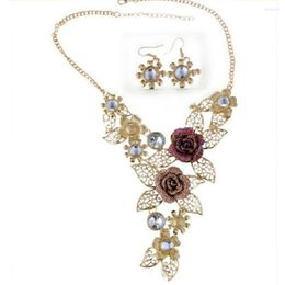 Chains Women'S Elegant Vintage Flower Golden Necklace Rhinestone Earrings Set For Women Female Clavicle Chain Collares