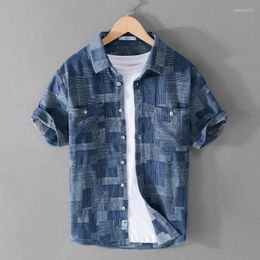 Men's Casual Shirts MM Men Summer Short Sleeve Linen Cotton Vertical Denim Shirt Cool 2023