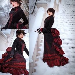 Vintage Black and Burgundy Gothic Wedding Dress Long Sleeve Victorian walking costume Bustle skirt and Velvet Jacket Bride Gowns312M