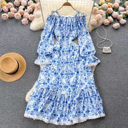 Casual Dresses Fashion Runway Summer Long Dress Women's Spaghetti Strap Slash Neck Flare Sleeve Blue Flower Printing Vacation Dress 2023