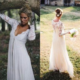 Gorgeous Empire Waist Lace Chiffon Wedding Dresses Cheap High Quality Illusioin Long Sleeves Bridal Gowns for Maternity Pregnant B291G