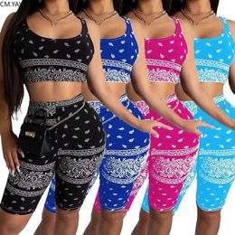 Dress Cm.yaya Women Summer Bandana Sleeveless Mini Tank Tops Knee Length Jogger Pants Suit Sport Two Piece Set Matching Set Outfits