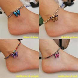 Anklets Bohemian Colorful Crystal Charms Anklet Women Metal Butterfly Pendant Foot Chain Girls Summer Beach Bling Feet Jewelry Gifts