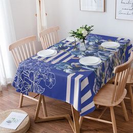 Table Cloth Flower Blue Lines Tablecloth Waterproof Dining Wedding Party Rectangular Round Home Textile Kitchen Decoration