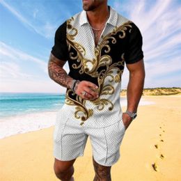 Men's Tracksuits 3D golden pattern men's lapel zippered polo shirt tracking set men's clothing summer short sleeved polo shirt beach shirt 2-piece set 230617