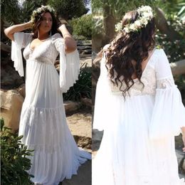 2019 Lace Plus Size Beach Wedding Dresses V Neck Long Sleeves Bohemian Bridal Gowns A Line Floor Length Pregnant Wedding Dress312r