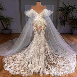 2021 Plus Size Arabic Aso Ebi Luxurious Lace Mermaid Wedding Gowns Sheer Neck See Through Vintage Bridal Dresses ZJ787274w