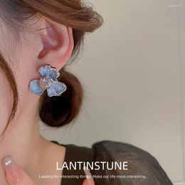 Stud Earrings Elegant Zircon Setting Blue Iris Irregular Petals Flower For Women Advanced Young Girls Party Charm Jewellery N319