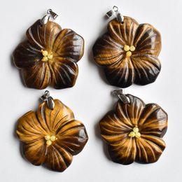 Pendant Necklaces Fashion Natural Tigers Eye Stone Carved Good Quality Charm Flower Shape Pendants For Make Jewellery Wholesale 4pcs/lot FreeP